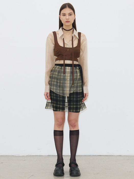 TARTAN CHECK PATTERN ORGANZA SKIRT(KHAKI)