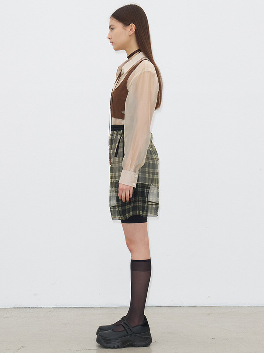 TARTAN CHECK PATTERN ORGANZA SKIRT(KHAKI)