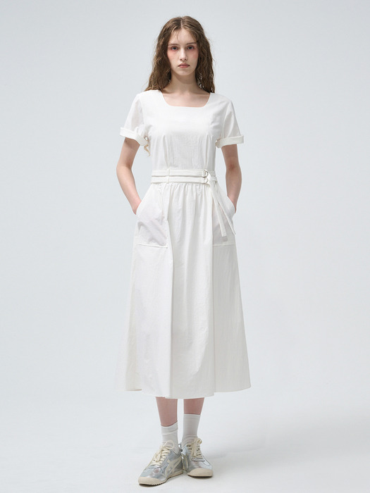 2-Way Sleeve Belted Dress, White
