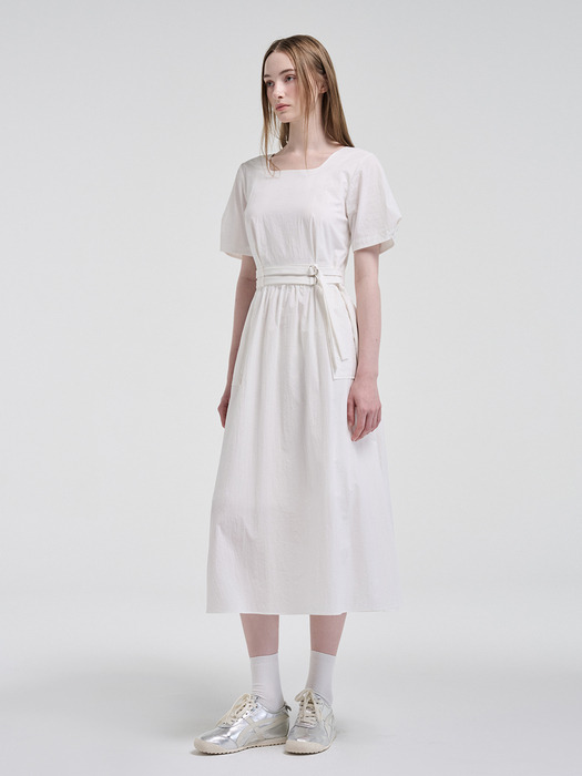 2-Way Sleeve Belted Dress, White