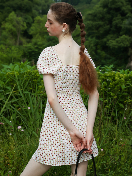 Cest_Plaid floral puff sleeve dress
