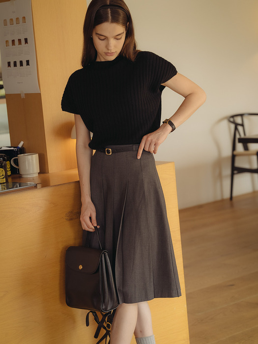 Belt set pleats midi skirt_Charcoal