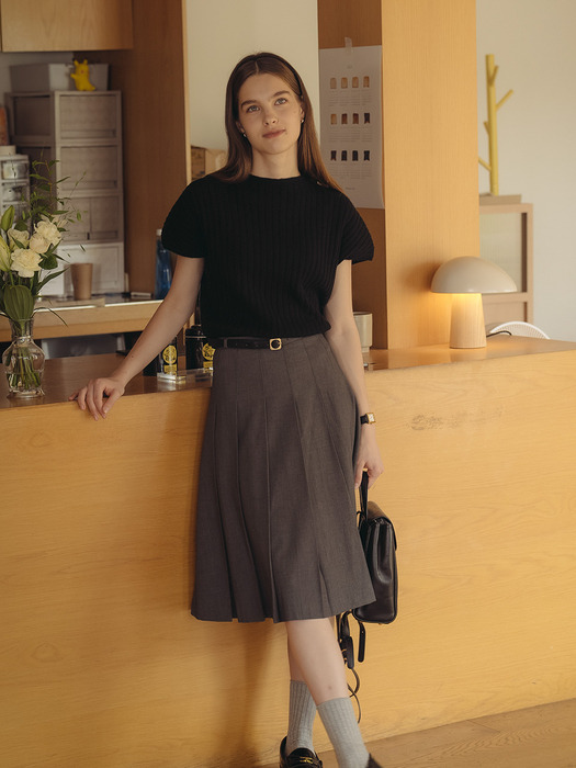 Belt set pleats midi skirt_Charcoal