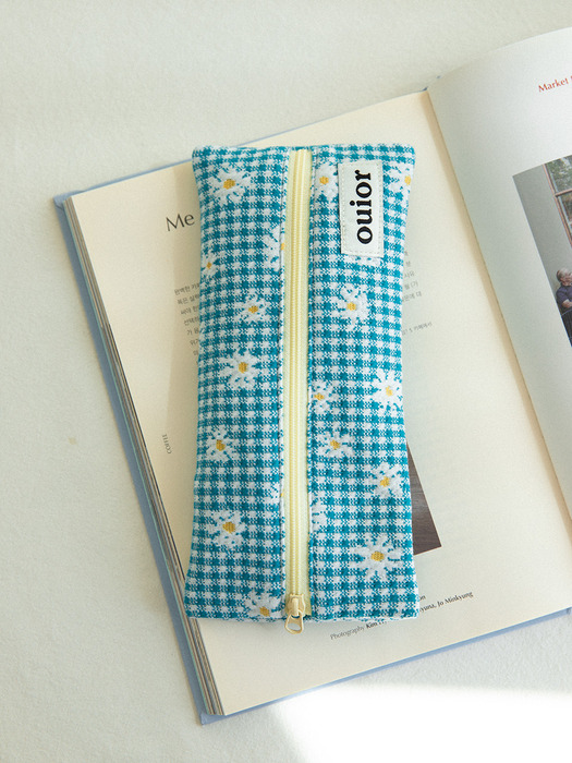 ouior flat pencil case - check flower teal (middle zipper)
