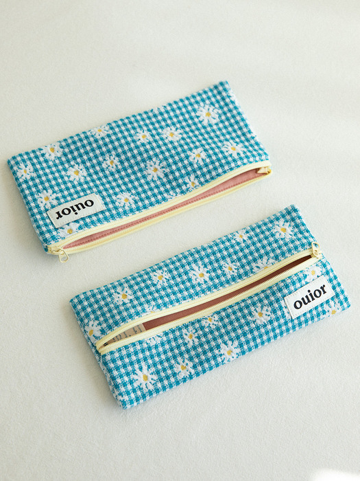 ouior flat pencil case - check flower teal (middle zipper)