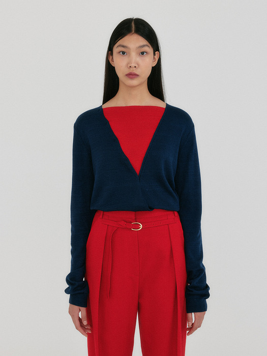 ZOEM V-Neck Knit Cardigan - Navy/Red