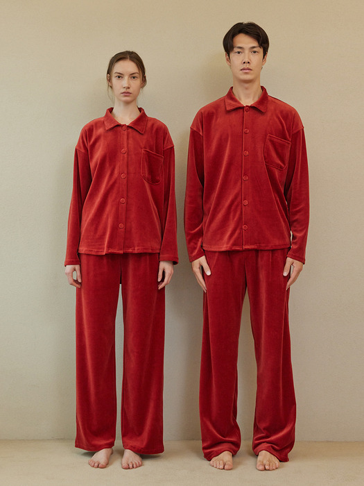 VELOUR PAJAMA COUPLE SET_carmine red