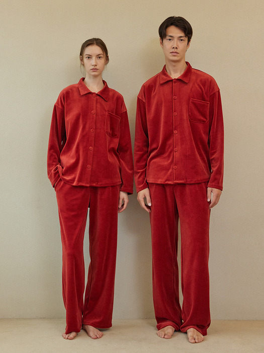 VELOUR PAJAMA COUPLE SET_carmine red