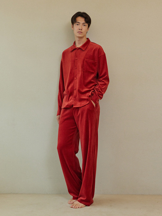 VELOUR PAJAMA COUPLE SET_carmine red