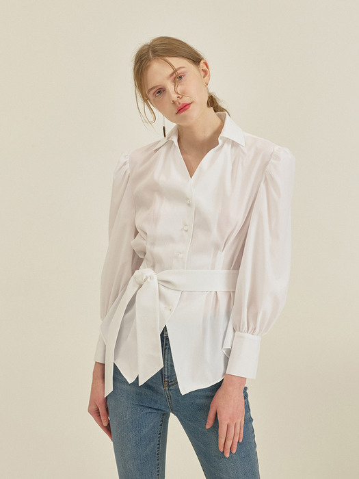 SHIRRING BELTED BLOUSE_WHITE