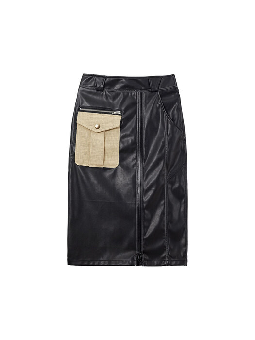 CONTRAST OUT-POCKET FAUX LEATHER SKIRT apa340w(Black)
