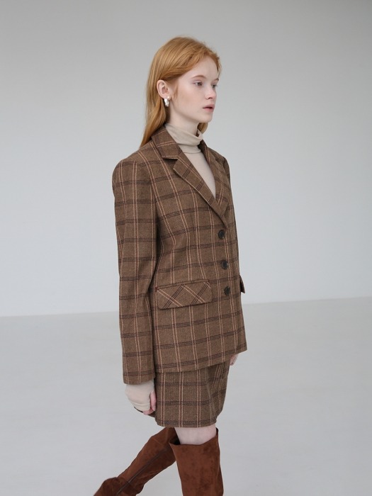 HERRINGBONE-CHECK JACKET - BROWN