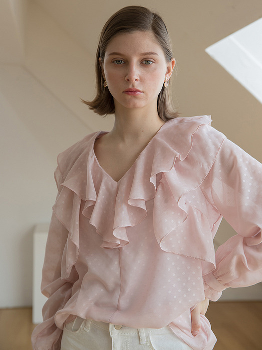 Neck Double Ruffle Blouse Pink