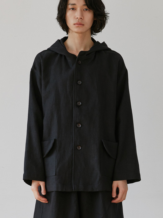 unisex linen pocket hood jacket black