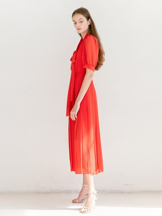 SOPHIE V-neck button down detail pleated maxi dress (Tomato Red)