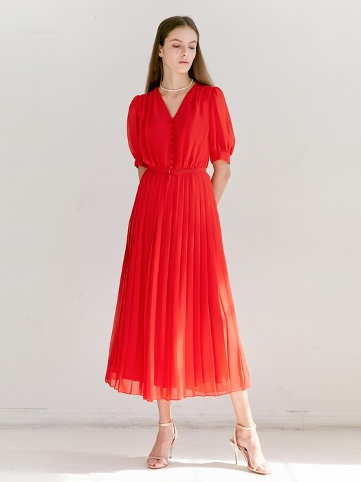 SOPHIE V-neck button down detail pleated maxi dress (Tomato Red)