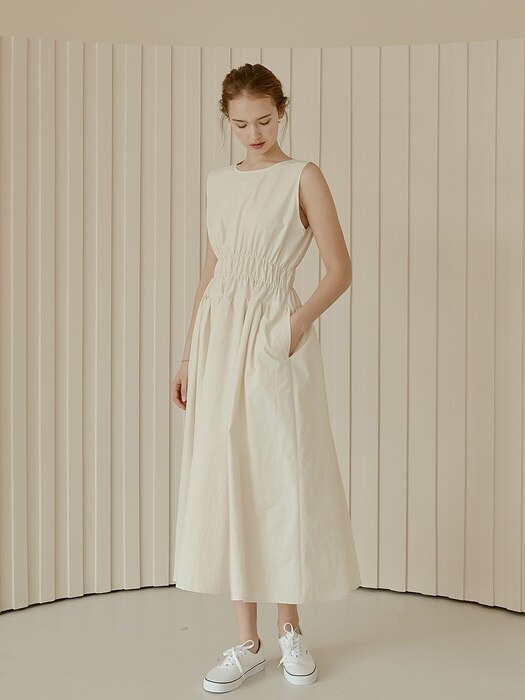 Basic Shirring Sleeveless Dress[Ivory]