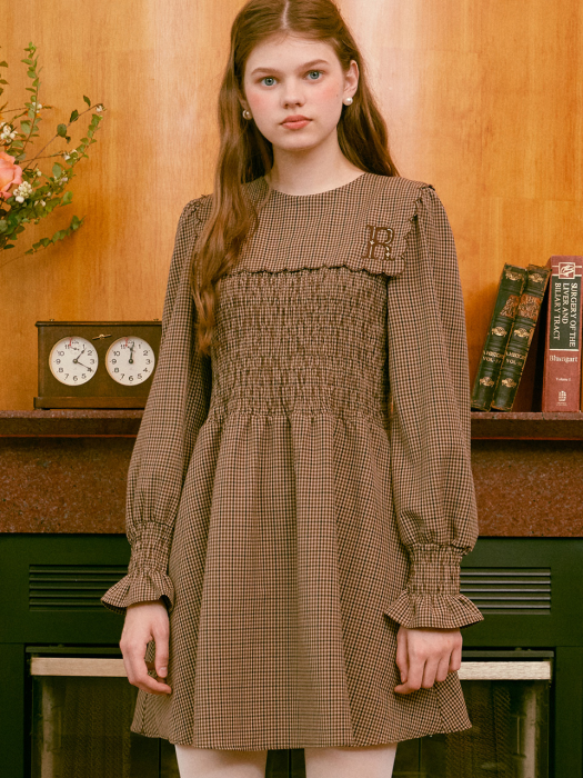 (OP-20515) CHECK SMOCKING SAILOR ONE-PIECE BROWN