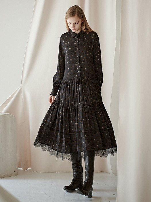 LACE TIERED PRINTING SHIRRING DRESS_BLACK