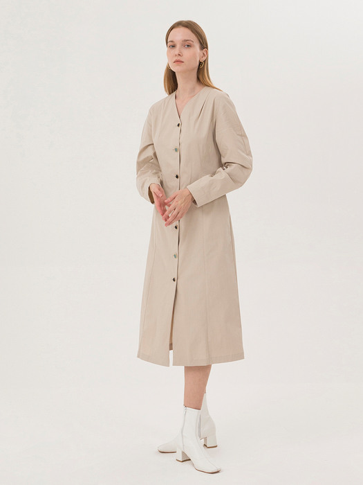 Pin Tuck No Collar Dress - Beige