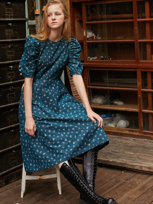 Volume Sleeve Dot Rose Dress_Green