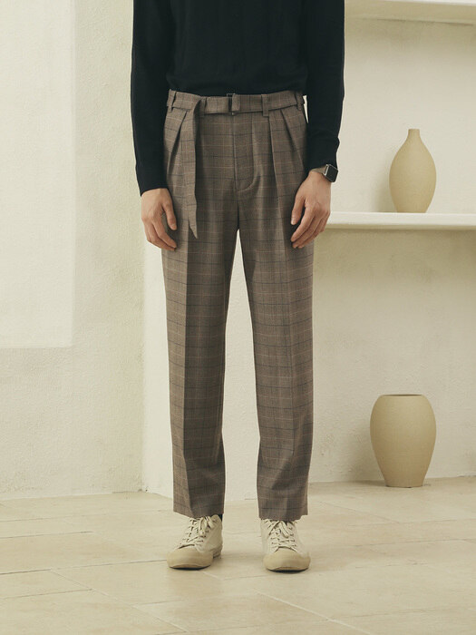 TWO TUCK BLETED PANT (Brown check)