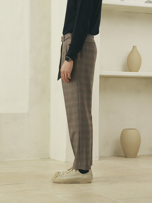 TWO TUCK BLETED PANT (Brown check)
