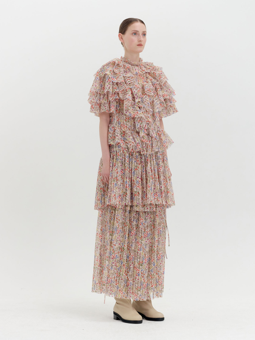 QOLLYN Floral-print Tiered Maxi Skirt - Pink Multi