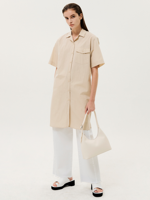 One Pocket Short Sleeve Shirts Dress Beige