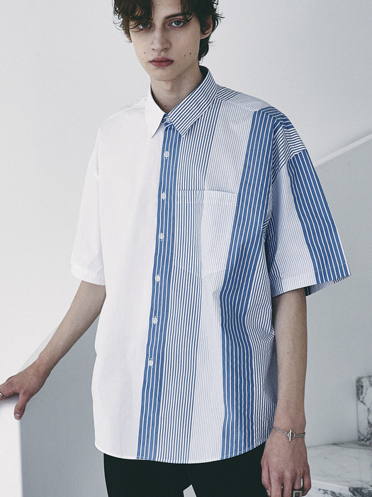 SOLID & MULTI STRIPE HALF SHIRT BLUE