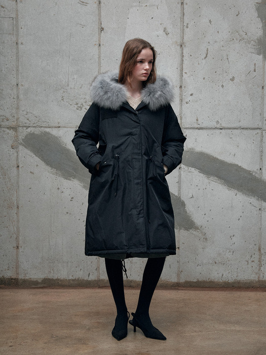 FOX FUR HOODED GOOSE DOWN LONG JUMPER [BLACK - SILVER FUR][BLACK - MIDNIGHT FUR]