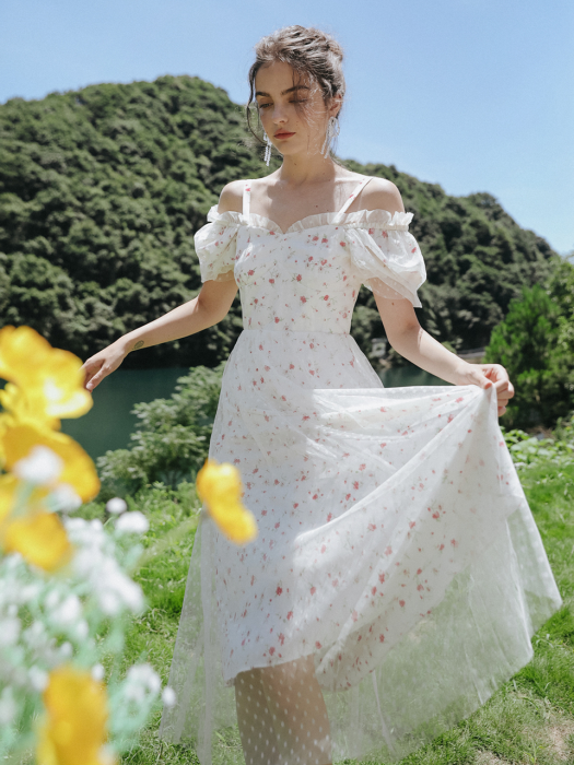 Cest floral white paper chiffon dress