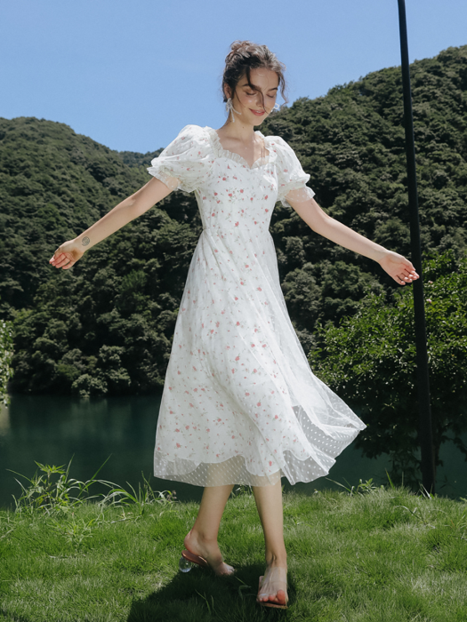 Cest floral white paper chiffon dress