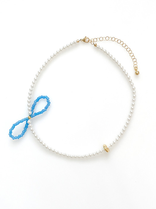 Ribbon Beads Pearl Necklace (Blue)