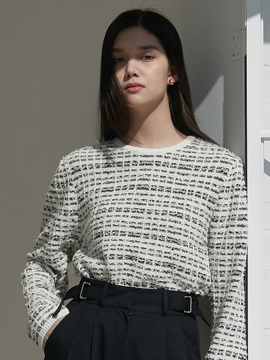 j908 tweed round knit top (black)