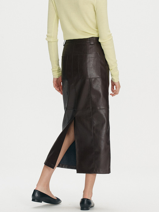 Fake leather stitch long skirt - Wine