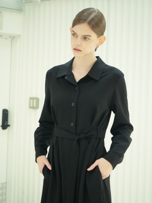 Pintuck Detail Belted Shirt Dress _Black