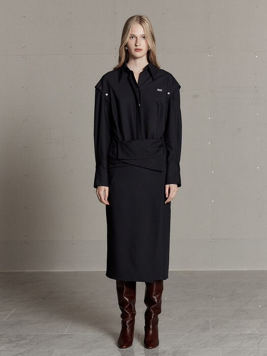 SELENE Layered Long Shirt Dress_Navy