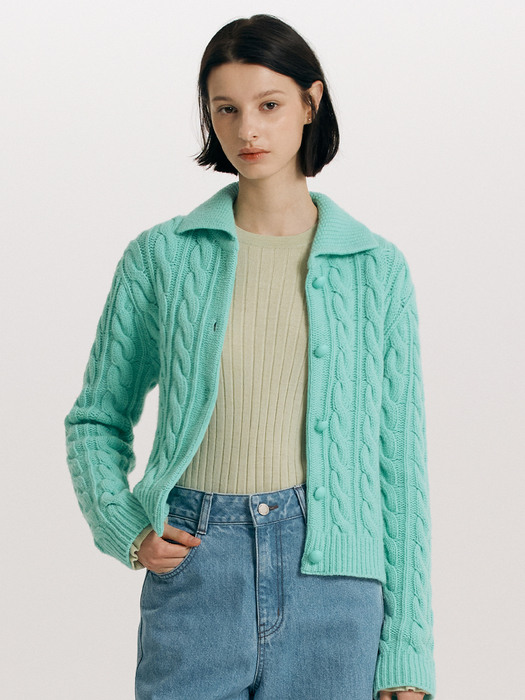 PRIMROSE Collar cable wool knit cardigan (Pale pink/Mint)