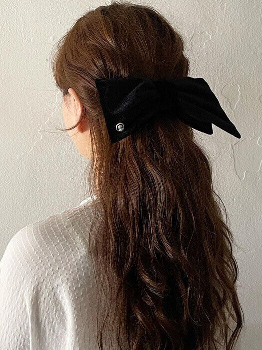 Vintage Velvet Big Ribbon Barrette [Black]