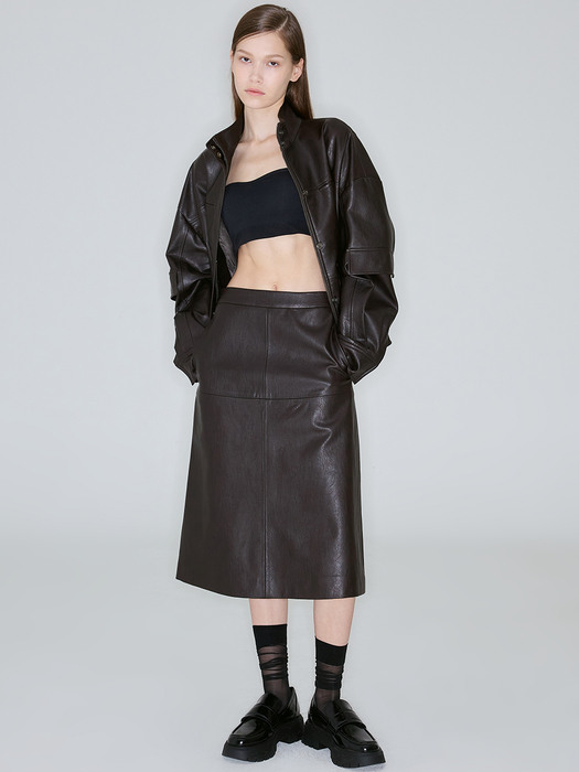 CRACK FAUX LEATHER SKIRT_D.BROWN