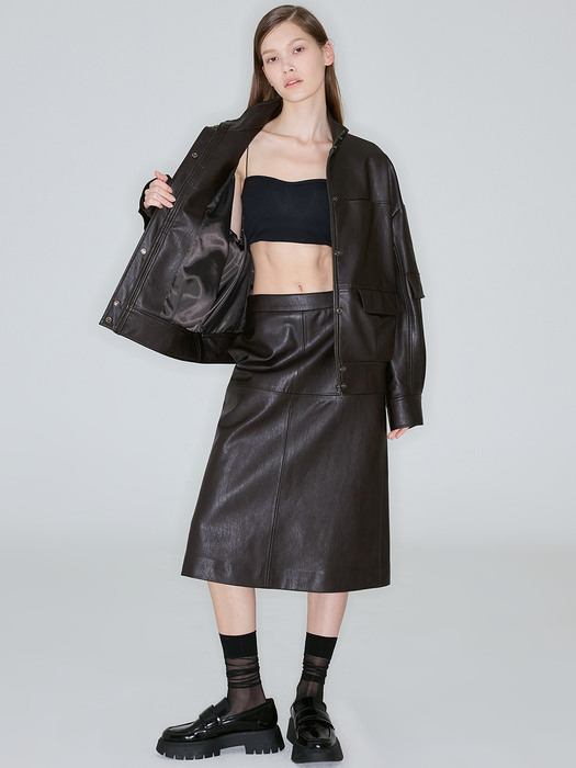 CRACK FAUX LEATHER SKIRT_D.BROWN