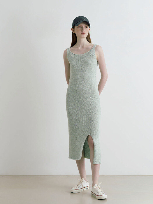 Snug daily knit slit sleeveless long dress  - mint