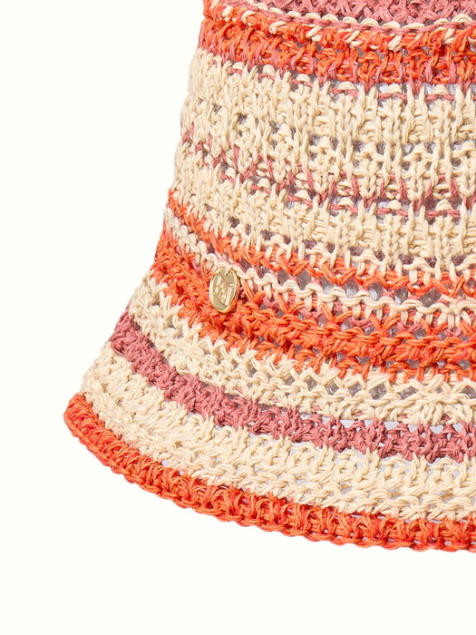 Paper Thread Knitted Bucket Hat, Orange