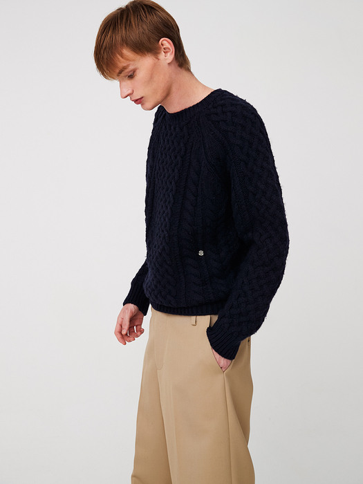 UNISEX, Fine Wool Cable Sweater / Navy