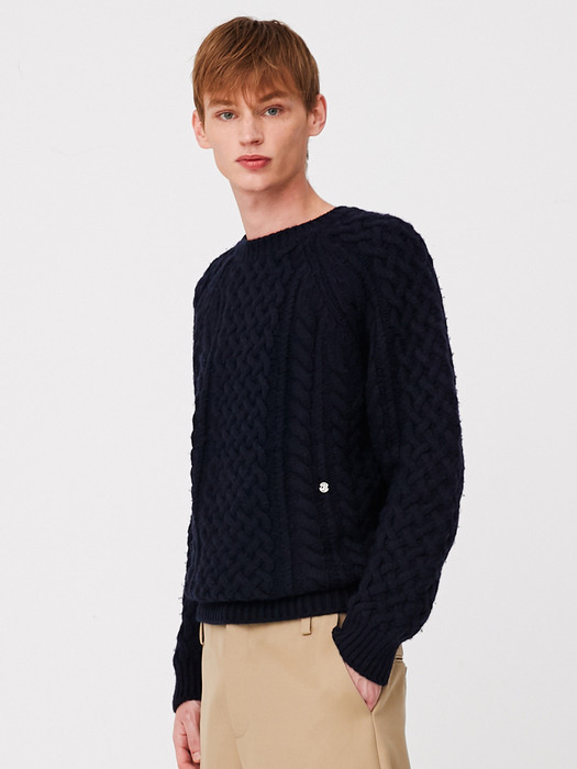 UNISEX, Fine Wool Cable Sweater / Navy