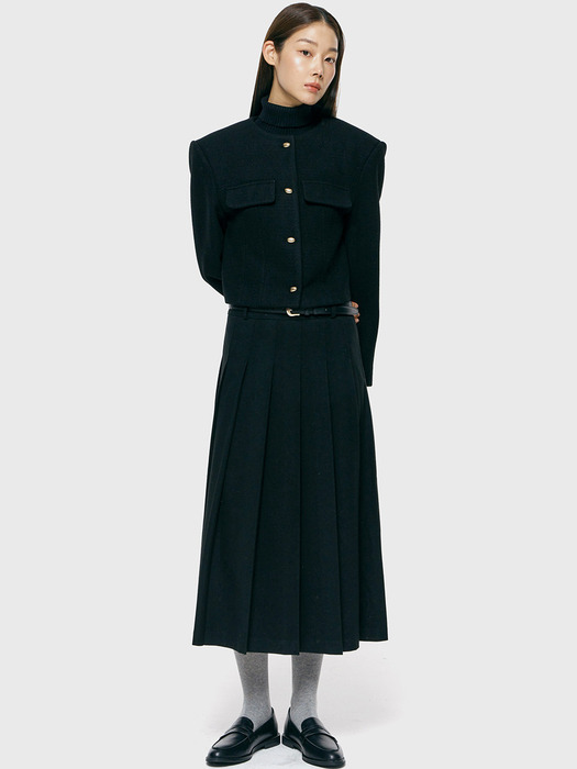 wool pleated long skirt_black