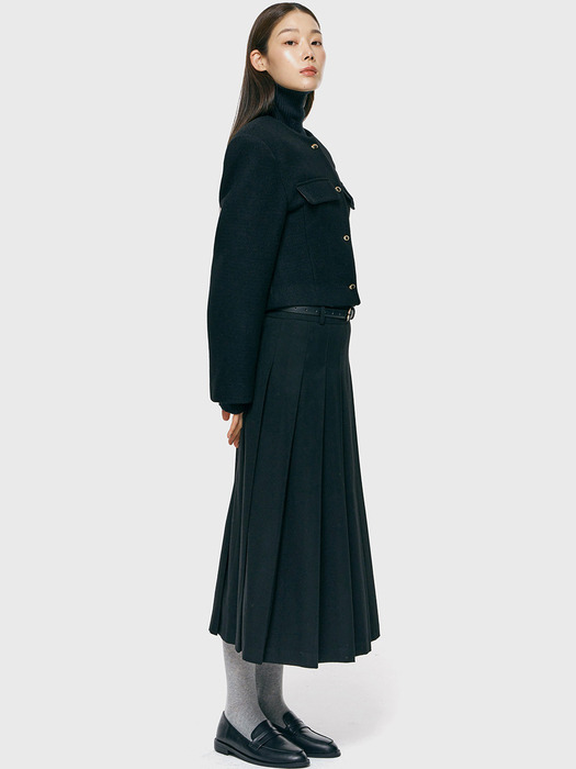 wool pleated long skirt_black