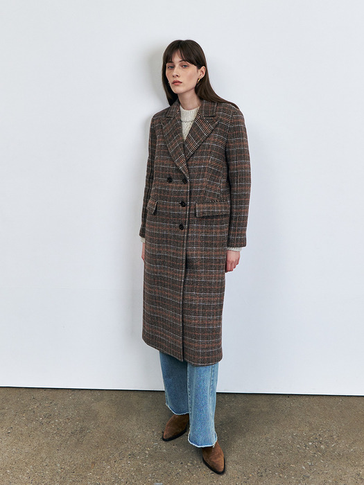 Glencheck Double Breast Oversized Wool Coat, Brown