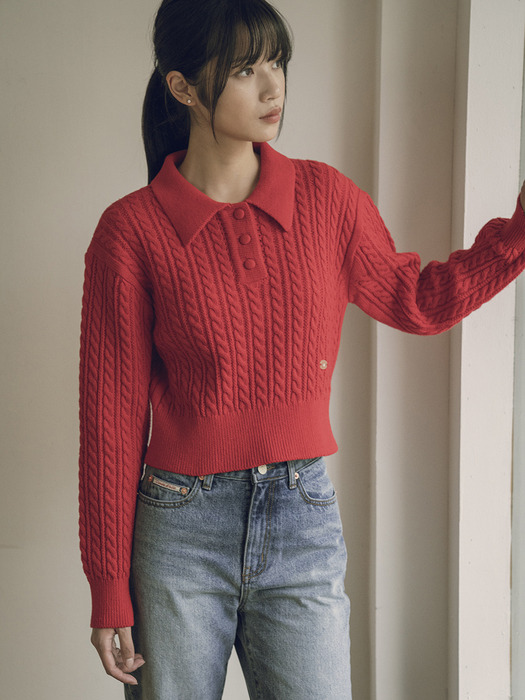 KN4239 Nouveau cable collar knit_Red